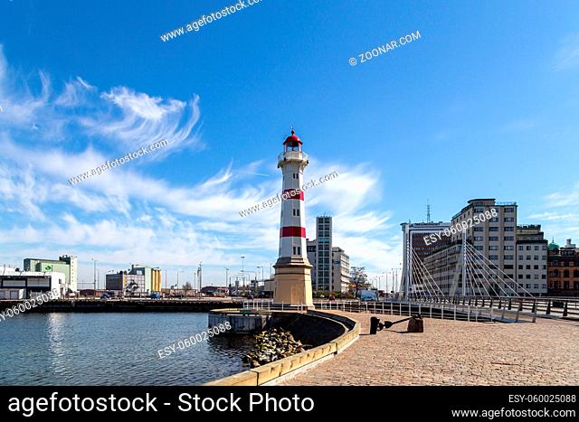 Malmo, Sweden - April 20, 2019: The old lighthouse in the habor district