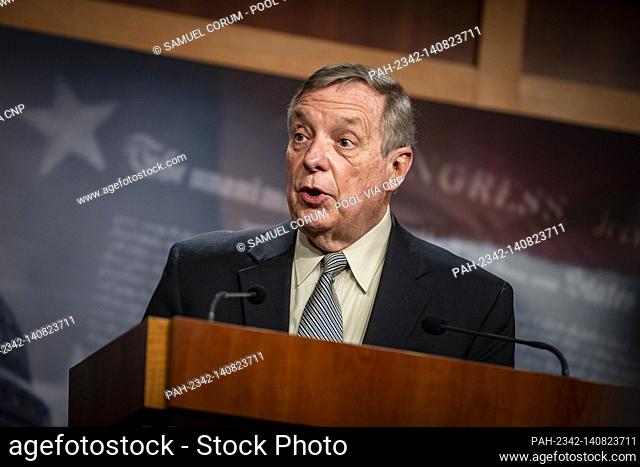 United States Senate Majority Whip Dick Durbin (Democrat of Illinois), speaks during a news conference with Senate Majority Leader Chuck Schumer from New York...