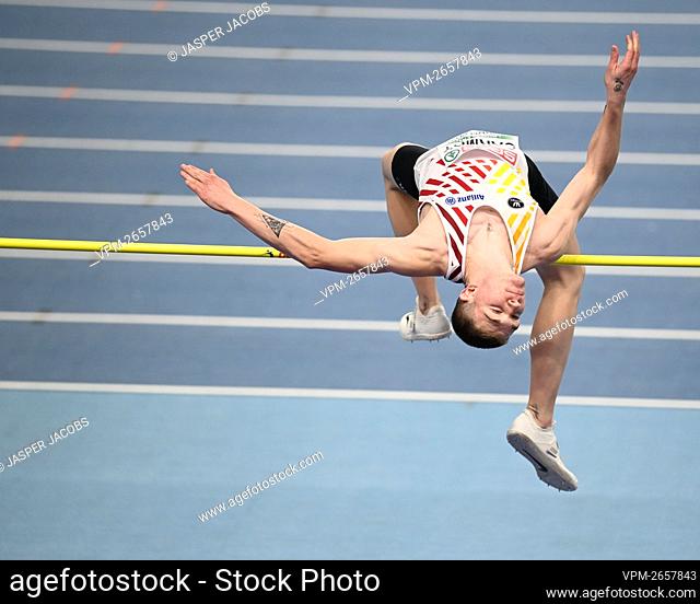 Belgian Thomas Carmoy pictured in action during the men high jump competition at the European Athletics Indoor Championships, in Torun, Poland