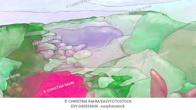 Abstract digital painted fantasy landscape or background texture with lines and fields in purple pink and green
