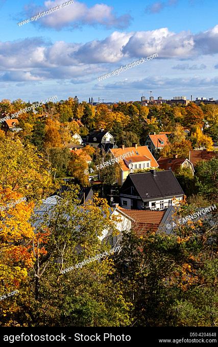 Stockholm, Sweden Fall colors and private houses in the upscale Malarhojden district on a sunny day