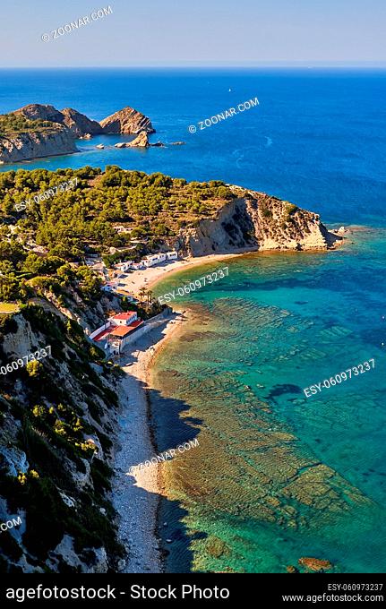 Aerial photography Javea with sandy coastline and turquoise Mediterranean Sea water. Costa Blanca. Spain