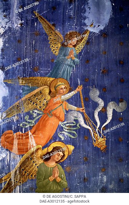 Angels, fresco detail, Church of St Isidore, Santa Maria in Piana, Treia, Marche, Italy