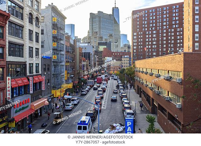 Division Street on the Lower East Side from the Manhattan Bridge Overpass near sunset in New York, NY, USA