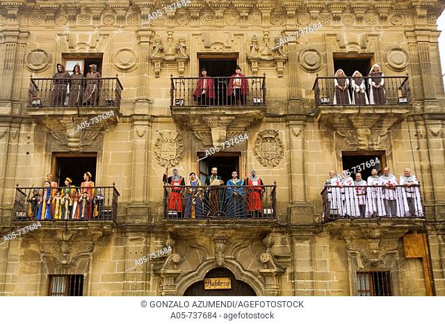 Town Hall façade during medieval festival, Briones. La Rioja, Spain