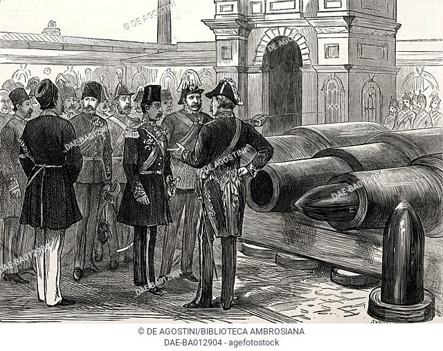 The Shah of Persia, Naser al-Din Shah Qajar, inspecting the so-called Woolwich Infants (the big guns built for the ship Devastation), Woolwich arsenal