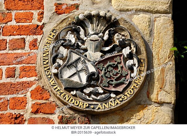 Coat of arms of Hironimus Witzendorp, 16th century, Heinrich-Heine-Haus building, Am Ochsenmarkt street 1, Lueneburg, Lower Saxony, Germany, Europe