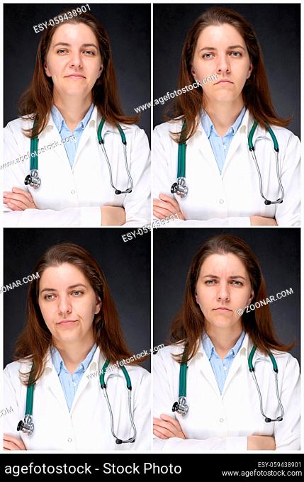 Portraits of a smiling, sad, bored and angry female doctor