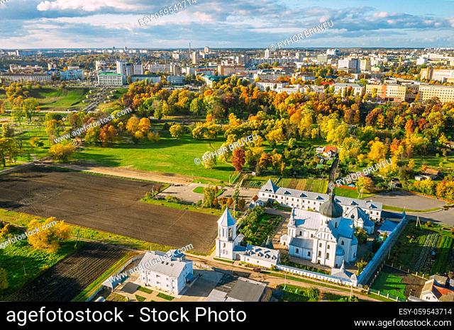 Mahiliou, Belarus. Mogilev Cityscape With Famous Landmark St. Nicholas Monastery. Aerial View Of Skyline In Autumn Day. Bird's-eye View