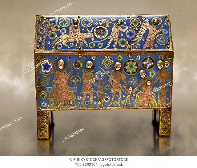 Gothic chest decorated with the Slaughter of the Innocents from Limoges Circa 1210-1220. Engraved copper with inlaid enamel enamel champlevé and glass on wooden...