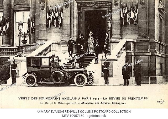 King George V and Queen Mary visit Paris - Spring, 1914. Here they leave the Ministry of Foreign Affairs