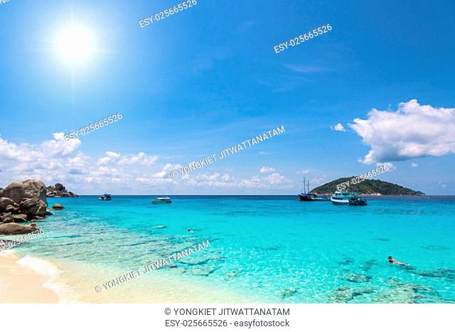 Beautiful landscapes of sun on sky over sea and beach in the summer at Koh Miang island is a attractions famous for diving in Mu Ko Similan National Park