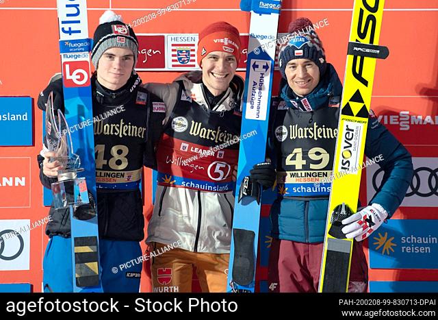 08 February 2020, Hessen, Willingen: Nordic skiing, ski jumping, World Cup, : Second place Marius Lindvik (l-r) from Norway