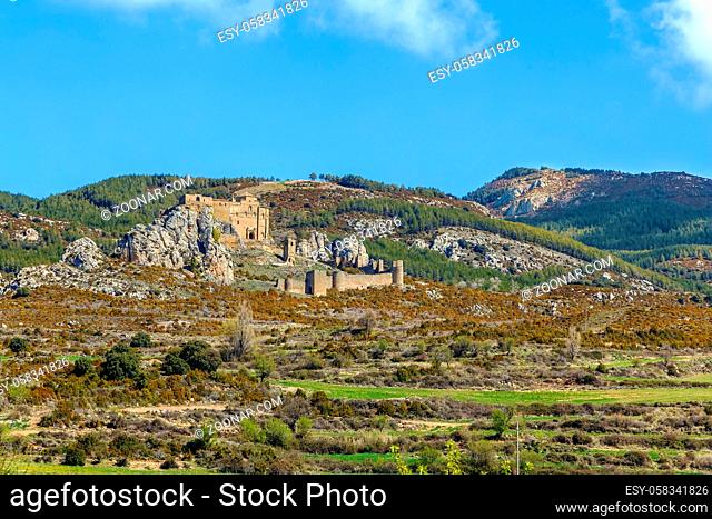 View of Castle of Loarre from the foot of the hill, Aragon, Spain