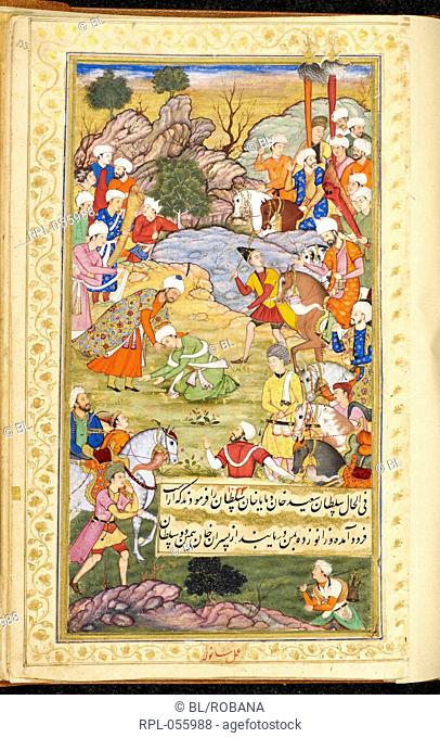 Sultan Mahmud's elder son meeting Babur and sending his son Sultan Sa'd Khan forward to greet him 1502. An illustration to the memoirs of the Emperor Babur