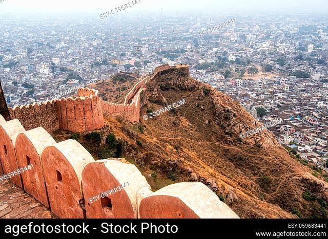 The view of hazy foggy sky over Jaipur city taken on top of Nahargarh Fort, Jaipur, India