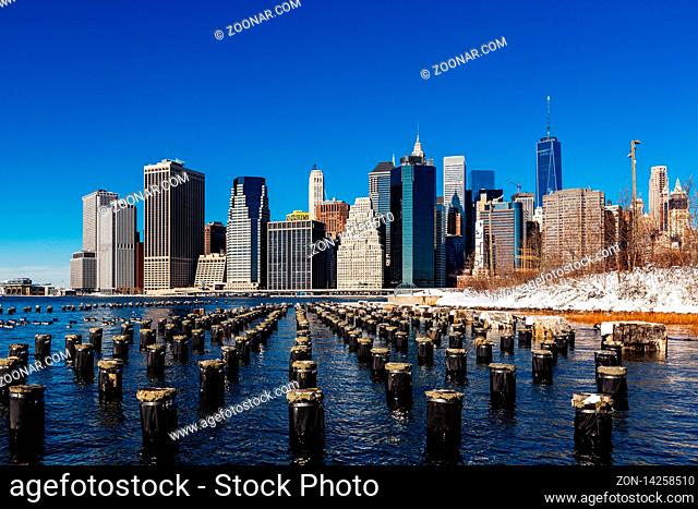 Winter Lower Manhattan Skyline with snow, New York United States