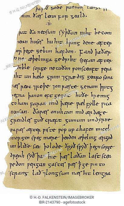 Historical drawing from the 19th century, manuscript of Beowulf, an epic heroic poem in Anglo-Saxon alliterative verse from the 10th Century