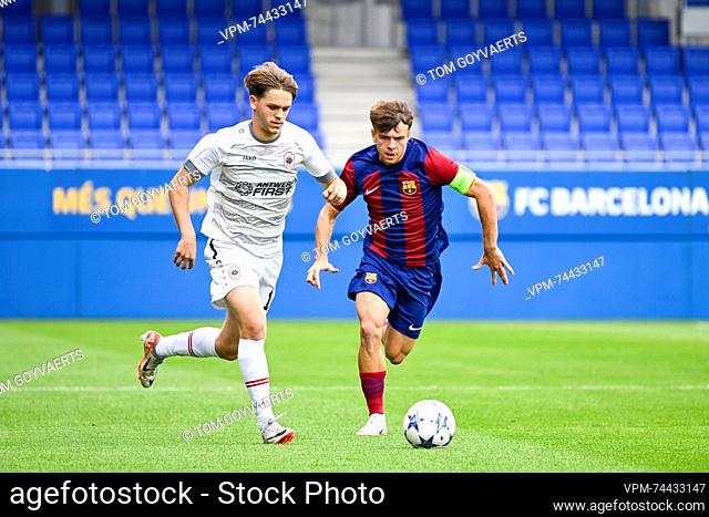Antwerp's Eran Tuypens and Barcelona's Nil Caldero pictured in action during a soccer game between Spanish FC Barcelona and Belgian Royal Antwerp FC