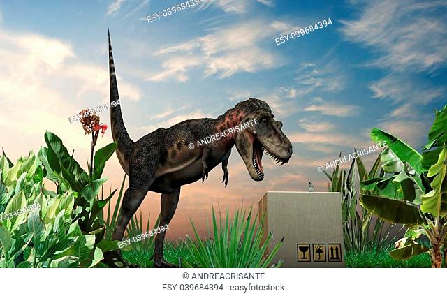 CuriousTarbosaurus inspects a cardboard box on green grass