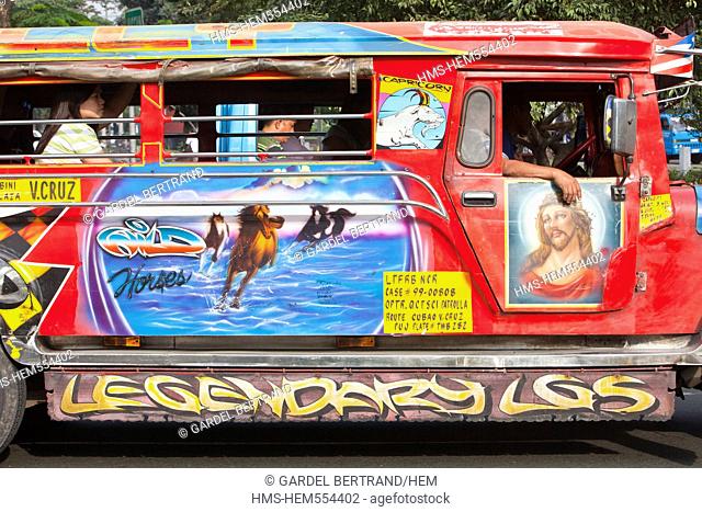 Philippines, Luzon island, Manila, Ermita district, a jeepney jeep extended to carry passengers