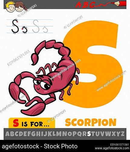 Educational cartoon illustration of letter S from alphabet with scorpion animal character