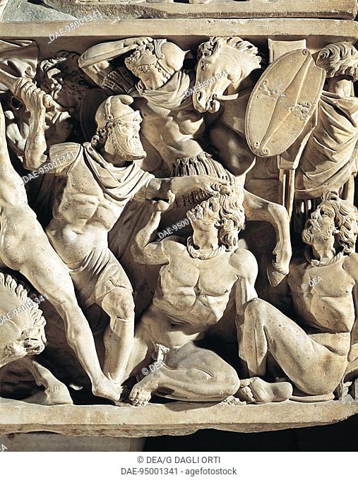 Roman civilization, 3rd century A.D. Marble sarcophagus known as Amendola sarcophagus with battle scenes between Romans and Barbarians. Detail