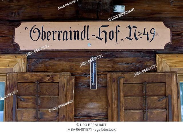 Italy, South Tirol, Vinschgau, Schnals, Madonna di Senales, Schnalstal, Oberraindlhof, inn, sign, house number