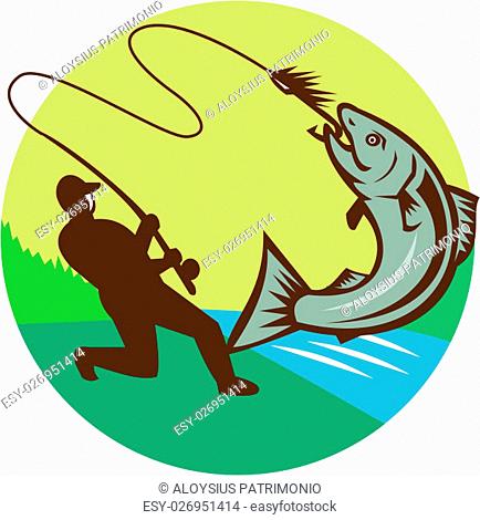 Illustration of a fly fisherman fishing casting rod and reel hooking salmon viewed from the side set inside circle with river sea in the background done in...