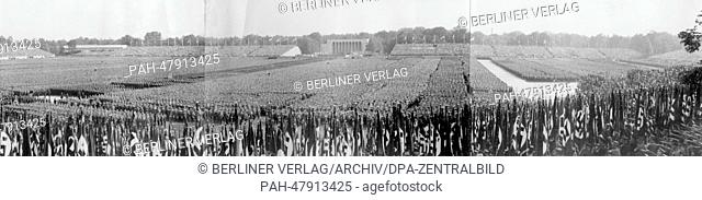 Nuremberg Rally 1934 in Nuremberg, Germany - The contemporary combination picture shows a panoramic view of Luitpold Arena with a line up of SA (Sturmabteilung)...