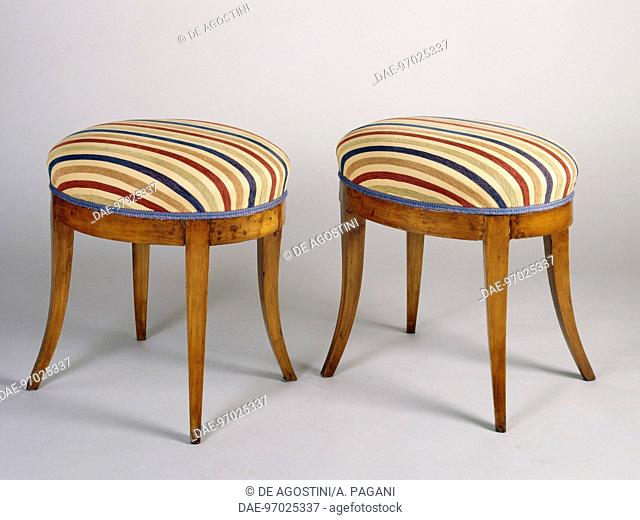 Pair of Directoire style cherrywood stools, from Lucca. Italy, 19th century.  Private Collection