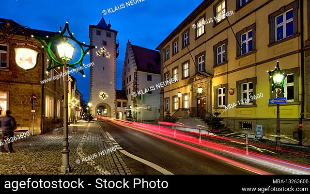 Hauptstrasse, upper tower, shopping street, illuminated, Advent, house facade, Haßfurt, Franconia, Bavaria, Germany, Europe