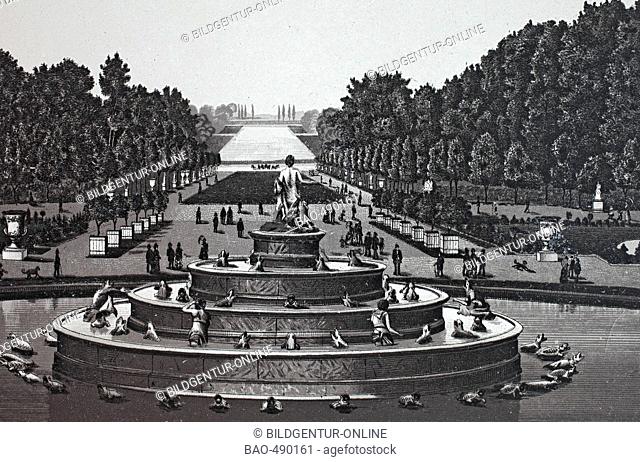Versailles, Bassin de Latone, France, historic copper-plate etching from 1860