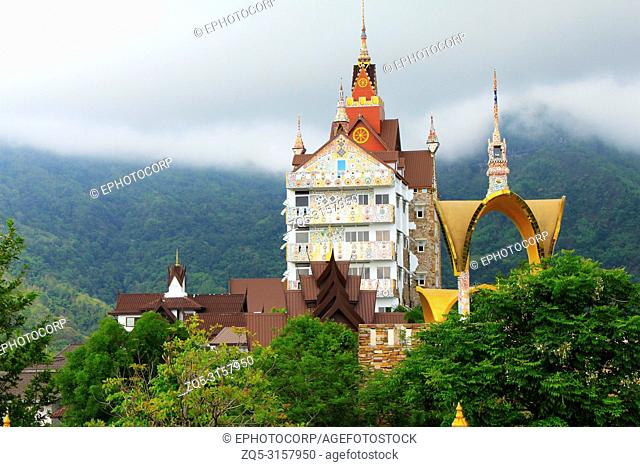 A colorful traditional Thai architecture building in midst of the serenity of mountains next to the temple of Pha Sorn Kaew, in Khao Kor, Phetchabun, Thailand