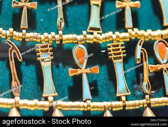 Egypt, Cairo, Egyptian Museum, from the tomb of Khnumit, daughter of Amenemhat 2, Dashur : Large collar (Usekh collar) depicting beads and Ankh, Djed