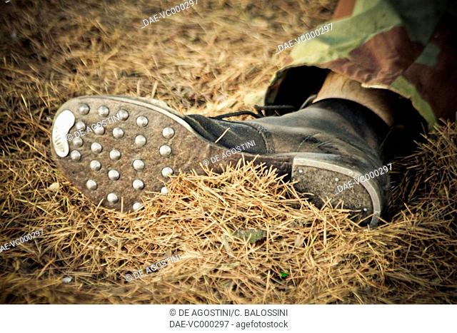 Military boot from the Wehrmacht, with studded sole and iron reinforced toe and heel. Second World War. Historical reenactment