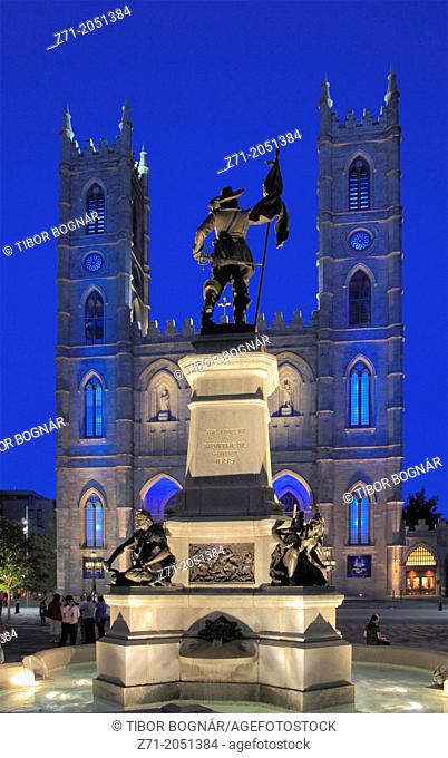 Canada, Quebec, Montreal, Place d'Armes, Maisonneuve statue, Notre-Dame church,