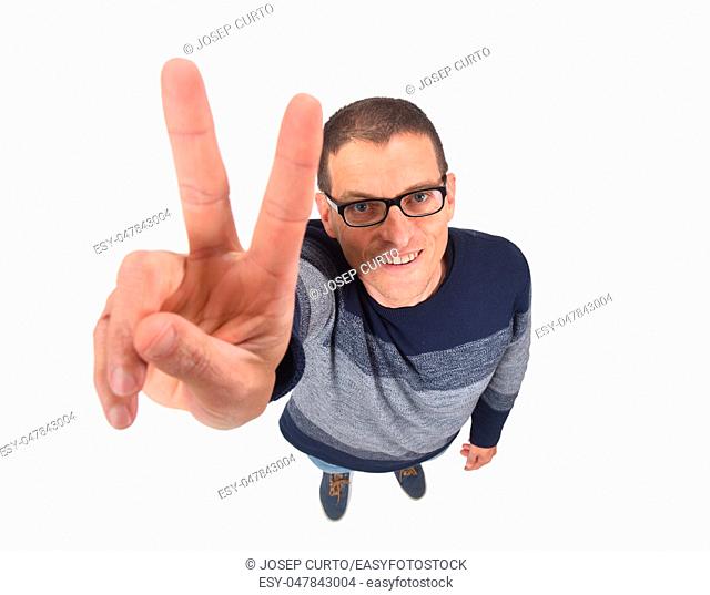 man making the victory sign on a white background