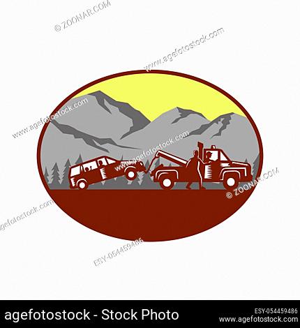 Illustration of a car being towed away, people in the car, child looking looking out the back window with man walking beside tow truck talking to driver set...
