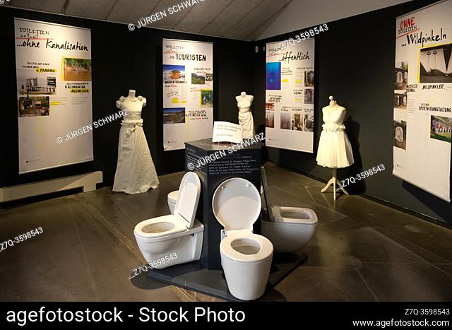 Bergisch Gladbach, Germany, 25. 08. 2020: Exhibition room with toilets and clothes made of toilet paper in the industrial museum Papiermuehle Alte Dombach in...