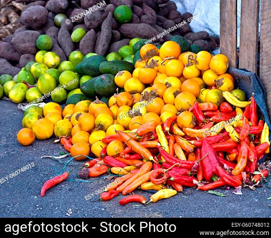 Fresh vegetables and fruits at the local market in South America: Pepper, Naranjilla, Avocado, Lemon, Lime, Yucca Root, Beets, Potatoes