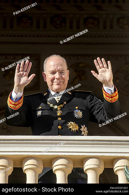 Prince Albert II of Monaco on the balcony of the Princely Palace in Monaco-Ville, on November 19, 2023, during the Monaco national day celebrations Photo:...