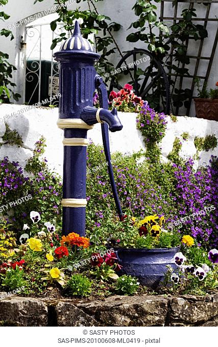 Model of hand pump between plants, Adare, County Limerick, Republic of Ireland