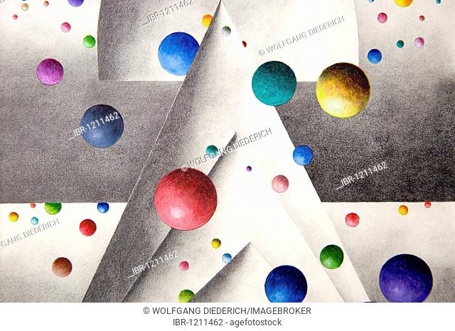 Pencil drawing, geometrical forms with colourful balls, by the artist Gerhard Kraus, Kriftel, Germany