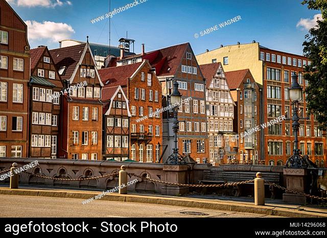 Historic row of houses on Nikolaifleet in the old town of Hamburg