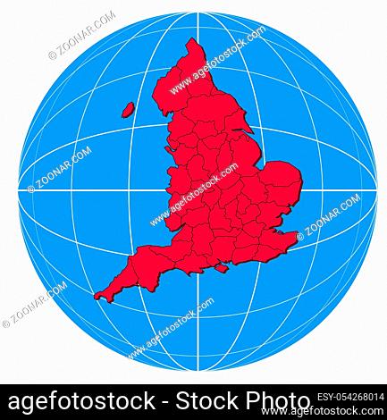 Illustration of a globe with the map of England isolated on white background done in retro style