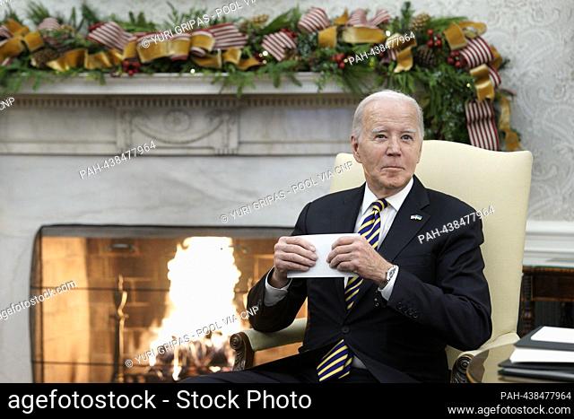 United States President Joe Biden makes remarks to the press pool as he meets with President Volodymyr Zelenskyy of Ukraine in the Oval Office of the White...