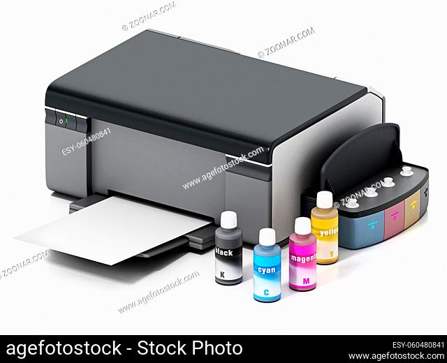 InkJet printer with refillable ink tanks isolated on white background. 3D illustration