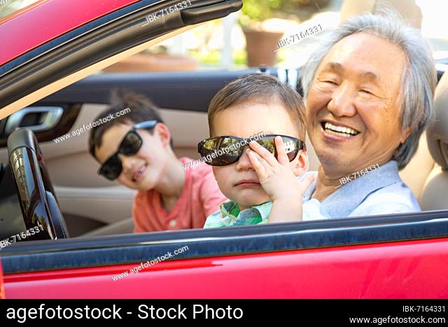Chinese granfather and mixed-race children playing in parked car