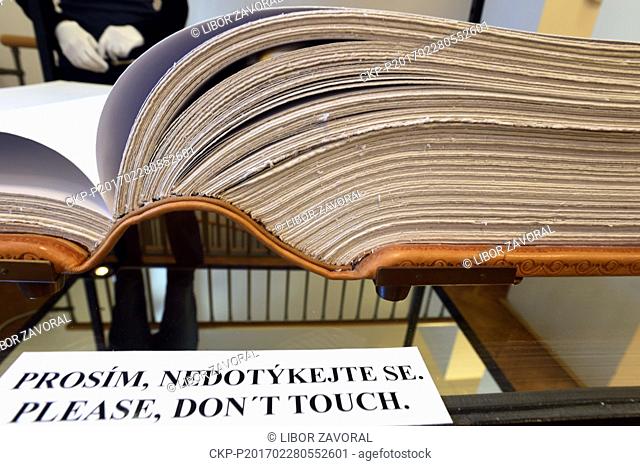 Facsimile of the Devil's Bible (Codex Gigas) is exhibited Municipal Museum of Usti nad Labem, Czech Republic, February 27, 2017